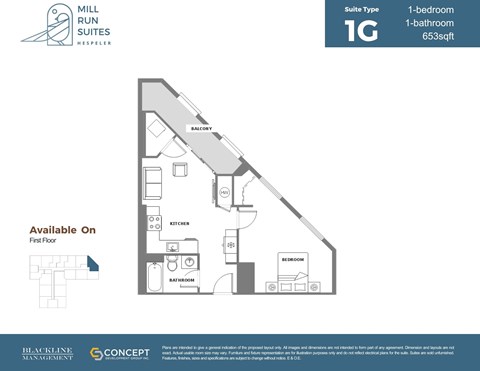 Floor plan for 1 bed, 1 bath, 653 sqft